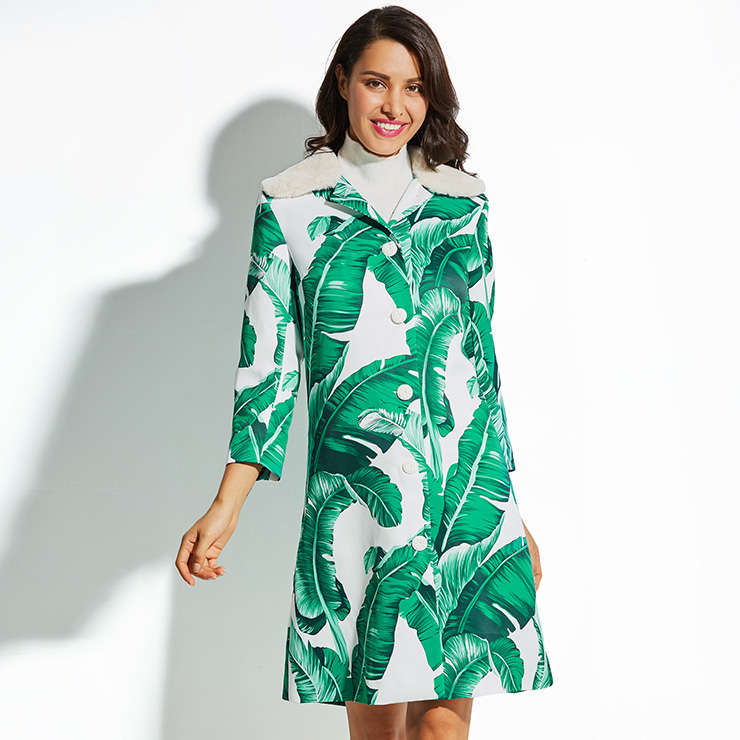 Women's White Villus Vest Lapel 3D Banana Leaf Print Coat Dress