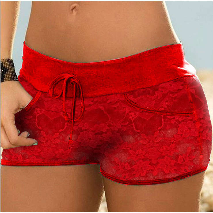 Sexy Red High Waist Lace Shorts See-through Panty PT16439
