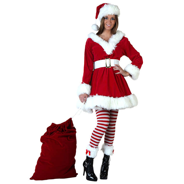4PCS Women's Sexy Red Velvet Santa Girl Mini Dress Christmas Costume Set XT18350