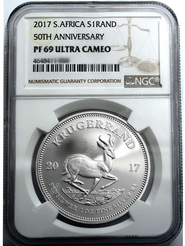 2017 Fine Silver Proof 1oz PF69  ultra Cameo Krugerrand 50th Anniversary Mintmark