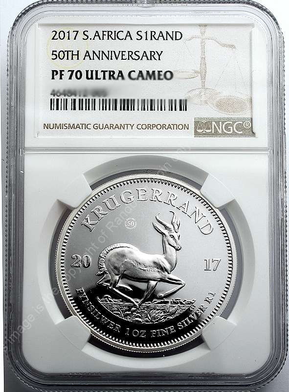 2017 Fine Silver Proof 1oz PF70  ultra Cameo Krugerrand 50th Anniversary Mintmark