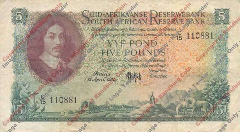 *#* MH DE KOCK - 2nd Issue - 1950-52 Five Pound F - Afr/eng - Edge tear *#*