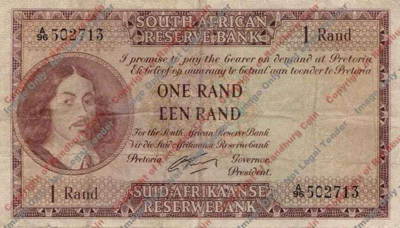 *#* G RISSIK - 1st Issue - 1 Rand Eng/Afr - F+ - fold hole in center of the note *#*