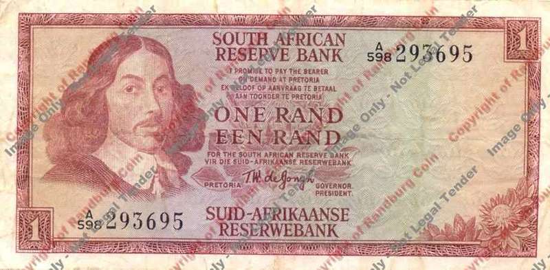 *#* TW de JONGH - 1st Issue - 1 Rand 1967 - Eng/Afr - F  - see description *#*