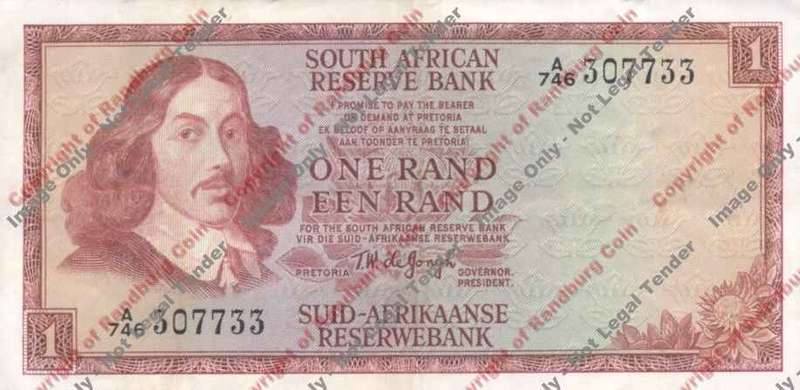 *#* TW de JONGH - 1st Issue - 1 Rand 1972 - Eng/Afr - VF+ - 2 small punch holes *#*