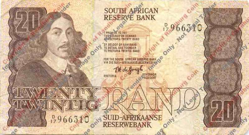 *#* TW de JONGH - 4th Issue - 20 Rand - F - edge tear at 5h30 border*#*