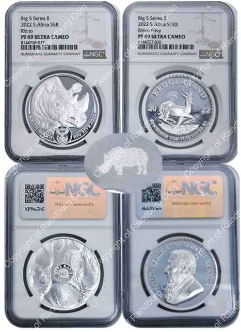 *#* 2022 Silver 1oz Krugerrand Rhino Privy Mark and 1oz Rhino R5 Coin Big Five Series 2 Combo  PF69