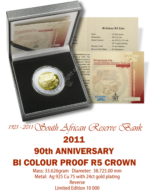 *#* 2011 Proof SARB 90th Anniversary Silver 1oz Crown R5 Coin, Mintage 6 848 *#*
