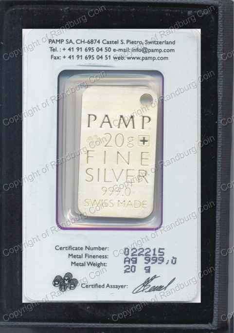 *#* Silver 20 gram Bar - PAMP Swiss Made - Rev image looks like Crocodile Skin *#*