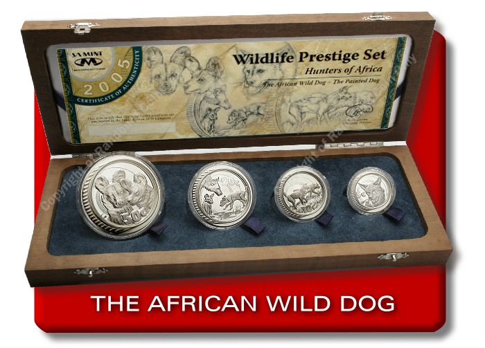 *#* 2005 Silver Prestige Wild Dog in Wooden Box Mintage 444 - Edge wood and hinge damage *#*