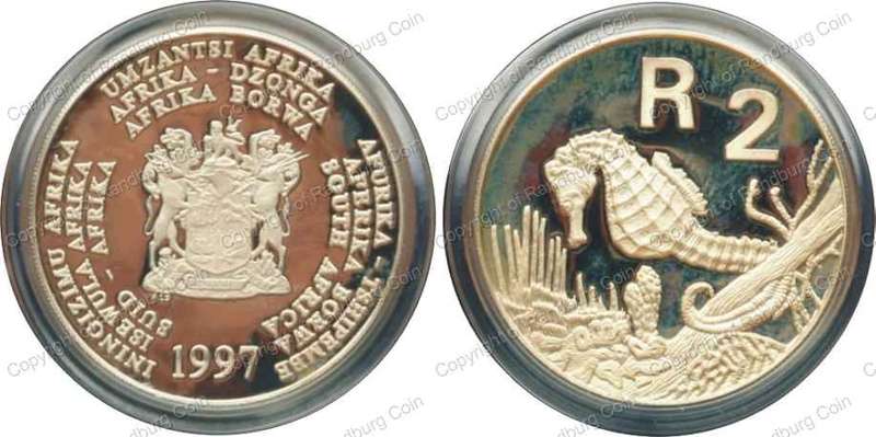 *#* SA Silver 1oz R2 Proof 1997 Seahorse-Mintage 3 000 - coin ONLY in scratched capsule *#*