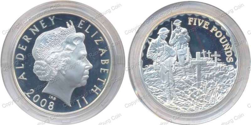 *#* Alderney 2008 Proof Silver 5 Pounds - 90th Anniversary end of WW 1 - Remembrance *#*