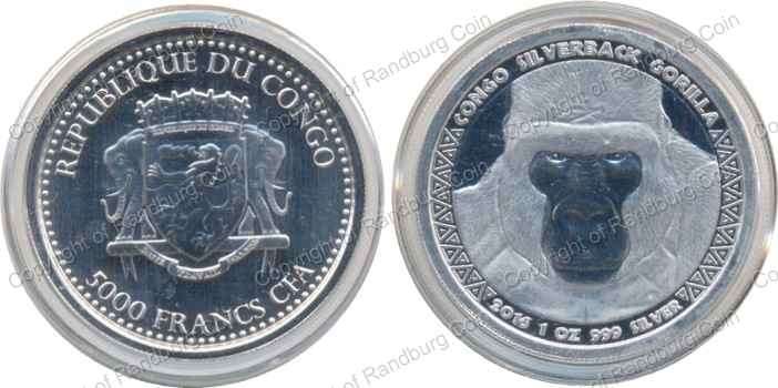 *#* 2016 Republic of the Congo Silver 1oz - 5000 Francs - Congo Silverback Gorilla *#*