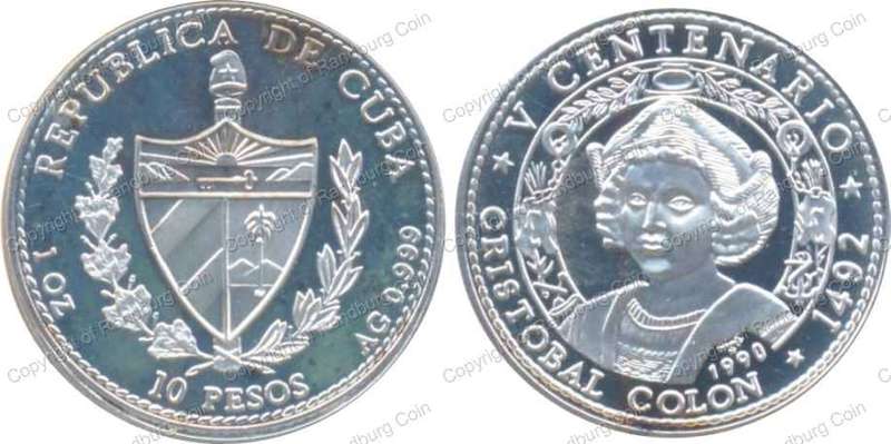 *#* Cuba 1990 Proof Silver 10 Pesos - Americas Discovery - Christopher Columbus #*