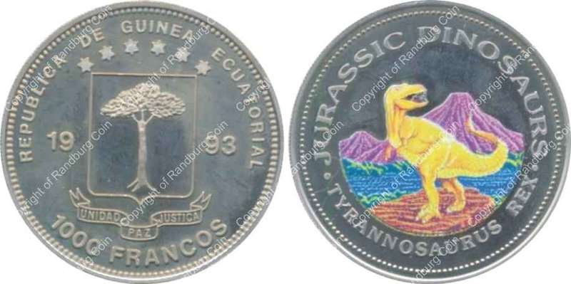 *#* Equitorial Guinea 1993 - 1000 Francos - Colour Dinosaurs T-Rex Coin*#*