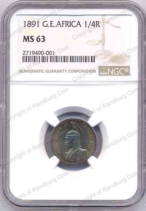 *#* German East Africa 1891 - Silver 1/4 Rupie NGC MS63 *#*