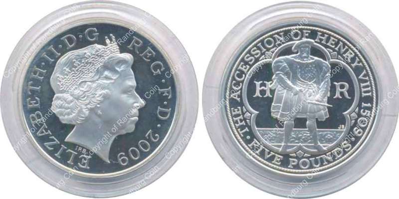 *#* Great Britain 2009 - Proof Silver 5 Pounds-500th Anniv. Accession of Henry viii-coin ONLY *#*