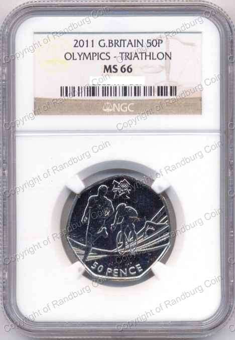 *#* Great Britain 2011 - 50 Pence Olympics Triathlon NGCS MS66 POP1 sharing *#*