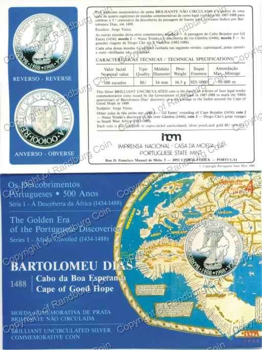 *#* Portugal 1988 Africa Unveiled Cape of Good Hope Silver 100 Escudos *#*