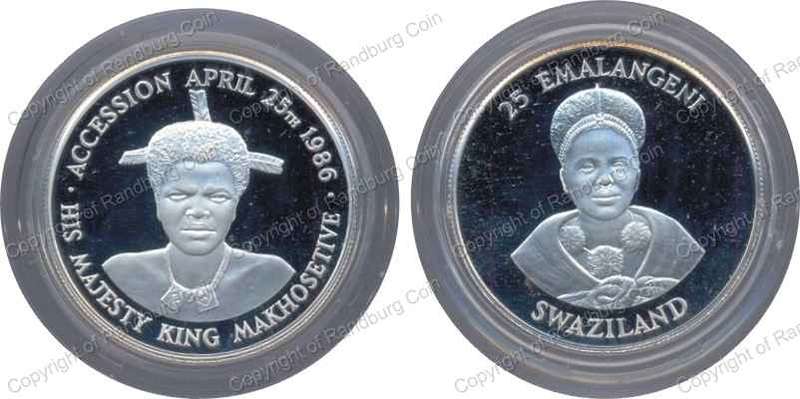 *#* Swaziland - 1986 Proof Silver 25 Emalangeni - Accession of King Makhosetive *#*