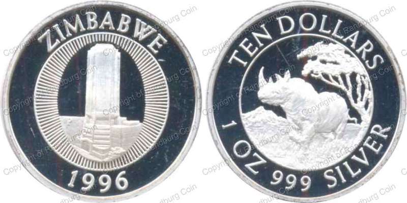 *#* Zimbabwe 1996 Proof Silver Ten Dollars - Rhino - coin ONLY - mintage = 5000, CV = $65 *#*