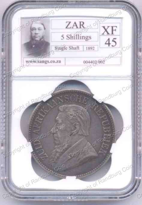 *#* 1892 FIVE SHILLING SINGLE SHAFT SANGS SLABBED XF 45 *#*