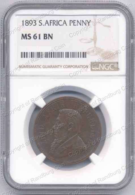 *#* 1893 ZAR PENNY NGC SLABBED MS 61 BN  *#*