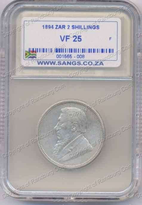 *#* 1894 ZAR SILVER TWO SHILLINGS SANGS SLABBED VF 25 *#*
