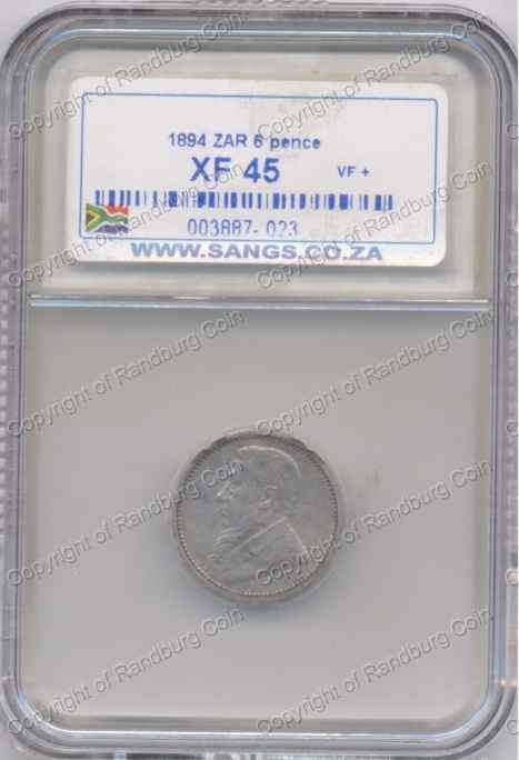 *#* 1894 ZAR SILVER SIXPENCE SANGS SLABBED XF 45 *#*