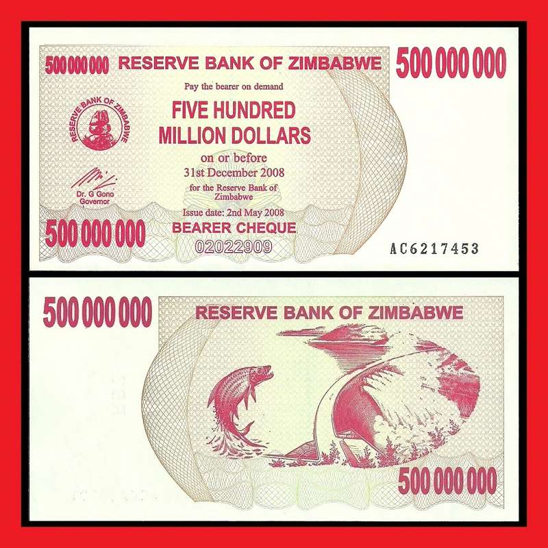 ZIMBABWE UNCIRCULATED 500 MILLION DOLLAR BEARER CHEQUE AC6217453