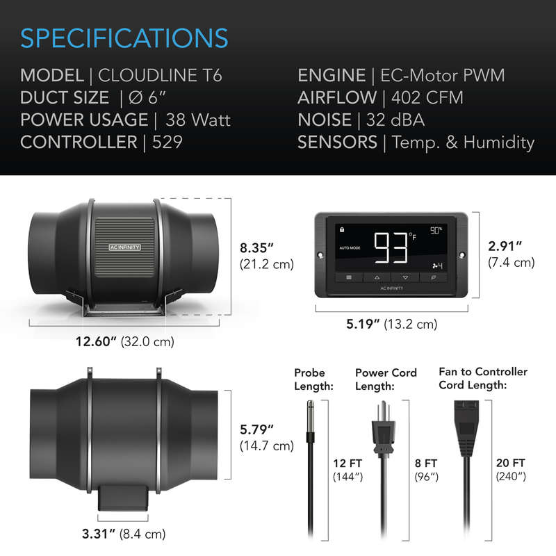 AC INFINITY, AI-CLT6 CLOUDLINE T6, WITH TEMPERATURE AND HUMIDITY CONTROLLER, 6-INCH