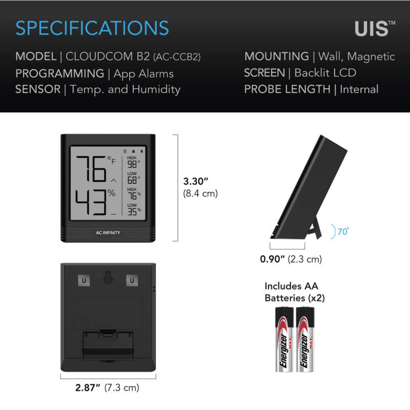 AC INFINITY CLOUDCOM B2, SMART THERMO-HYGROMETER WITH DATA APP, INTEGRATED SENSOR PROBE
