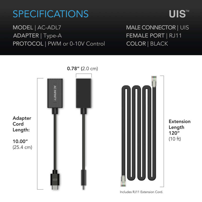 AC INFINITY AC-ADL7 UIS LIGHTING ADAPTER TYPE-A, FOR RJ11/12 CONNECTOR LIGHTS WITH PWM OR 0-10V D...