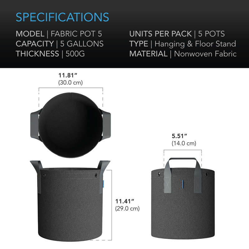 AC INFINITY HEAVY DUTY FABRIC POTS, 5 GALLON (19L), 5-PACK