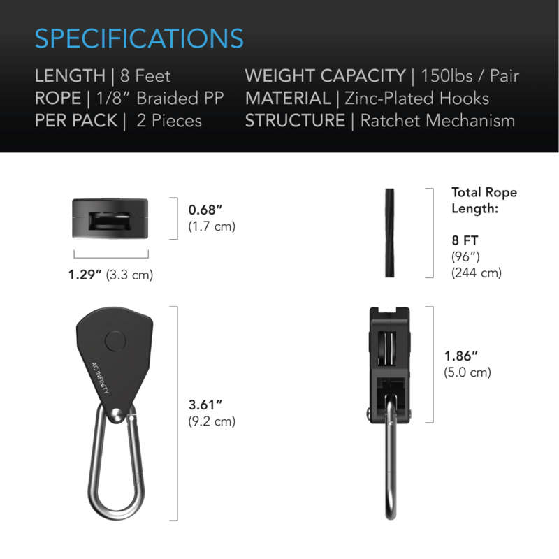 AC INFINITY - HEAVY-DUTY ADJUSTABLE ROPE CLIP HANGER, ONE PAIR