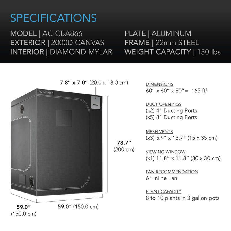 AC INFINITY CLOUDLAB 866, ADVANCE GROW TENT 5X5, 2000D DIAMOND MYLAR CANVAS - 1.5M x 1.5M