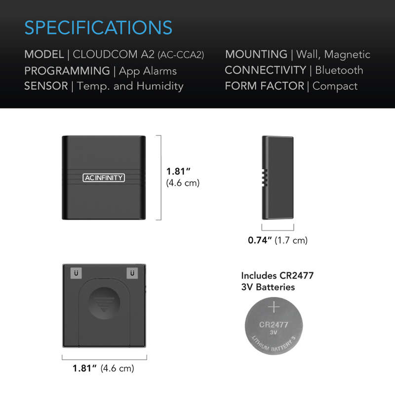 AC INFINITY CLOUDCOM A2, MINI SMART THERMO-HYGROMETER WITH DATA APP, INTEGRATED SENSOR PROBE