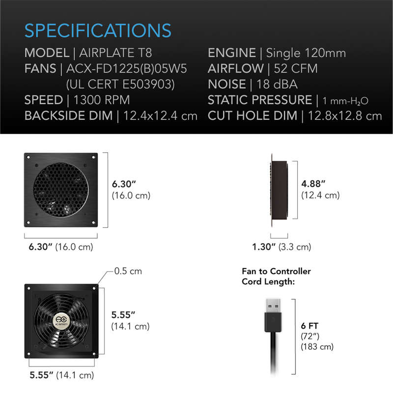AC INFINITY AIRPLATE T8, HOME THEATER AND AV QUIET CABINET COOLING DUAL-FAN SYSTEM, 6 INCH