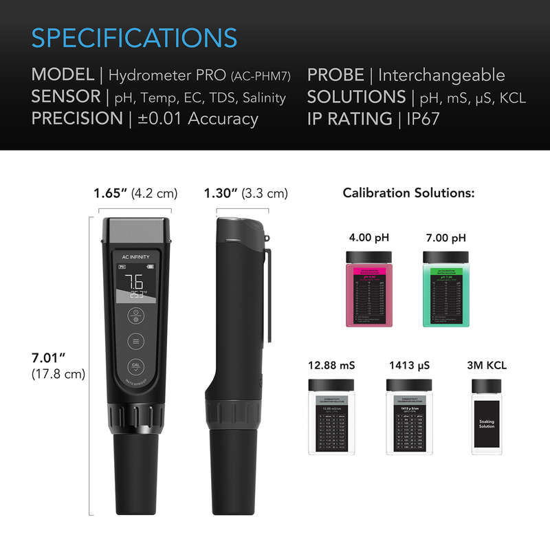 AC INFINITY HYDROPONIC METER PRO KIT, ALL-IN-ONE PH PEN, INTERCHANGEABLE PROBE