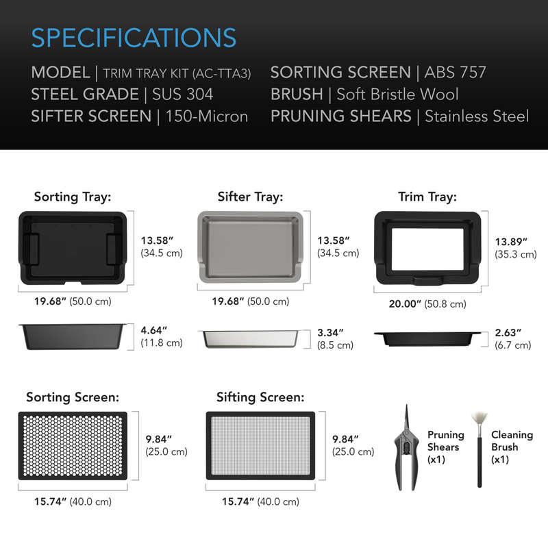 AC INFINITY - LARGE TRIM TRAY SYSTEM, 3 TRAY & 2 SCREEN KIT, INTERCHANGEABLE AND ERGONOMIC DESIGN