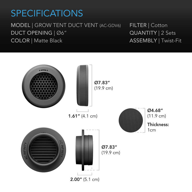 AC INFINITY Grow Tent Duct Vent Attachment, 6-Inch 2 Pack, Light-Blocking & Dust-Resistant