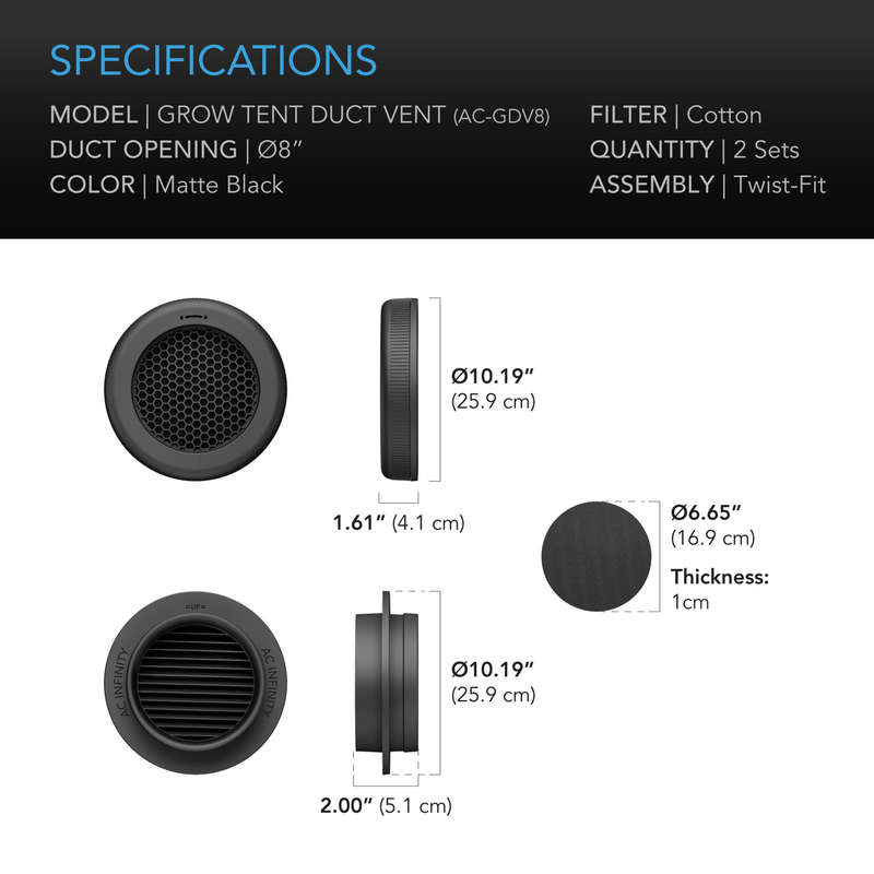 AC INFINITY Grow Tent Duct Vent Attachment, 8-Inch 2 Pack, Light-Blocking & Dust-Resistant