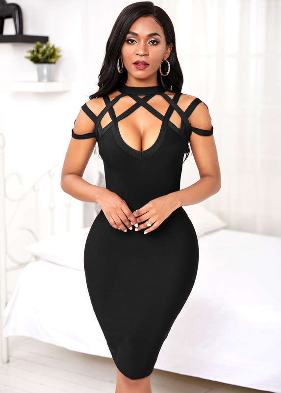 Lattice Yoke Black Sheath Dress