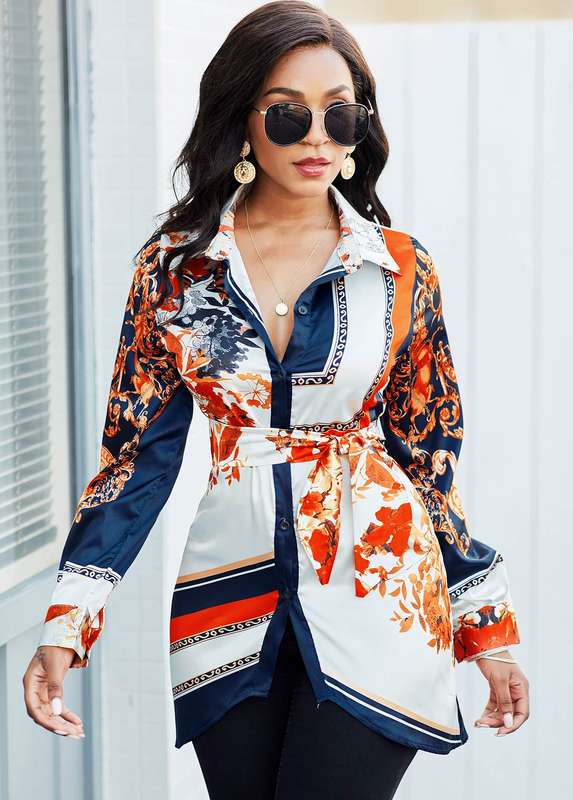 Long Sleeve Turndown Collar Belted Blouse
