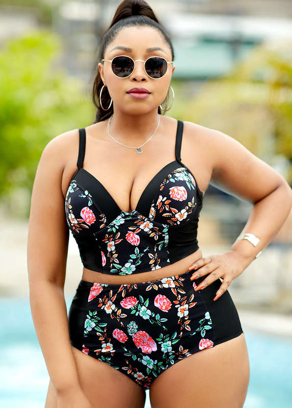 Floral Print Plus Size High Waisted Bikini Set