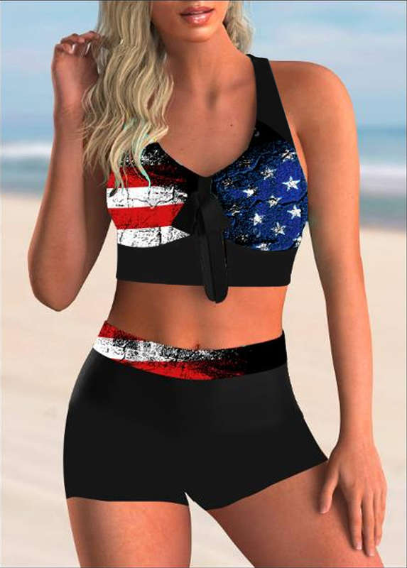 High Waist American Flag Print Bowknot Bikini Set