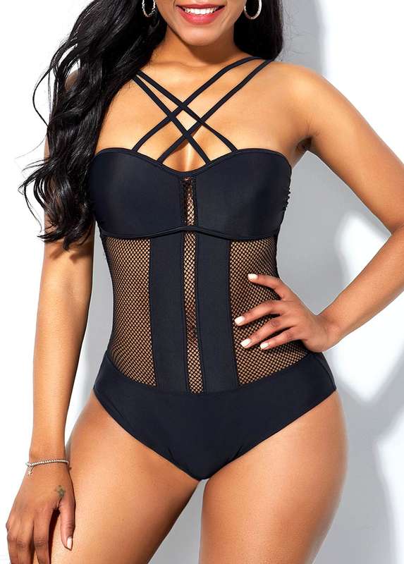Cross Strap Mesh Stitching Tie Back One Piece Swimwear
