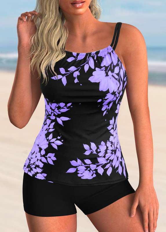 Spaghetti Strap Leaf Print Tankini Set