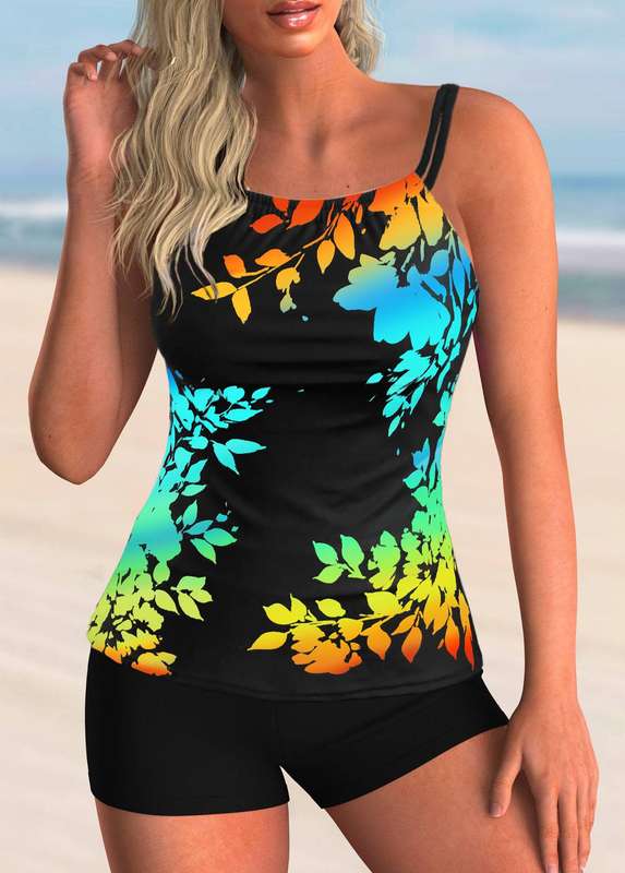 Spaghetti Strap Leaf Print Tankini Set