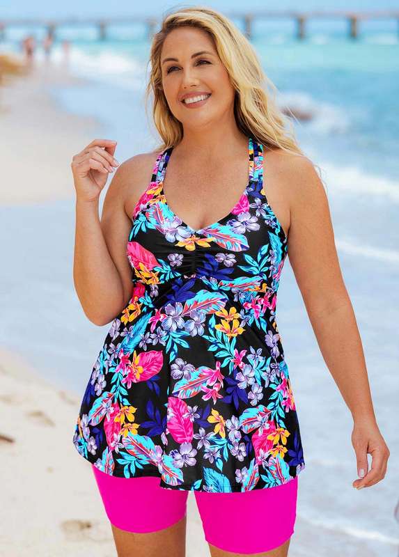 Cross Strap Plus Size Floral Print Tankini Set